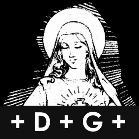 Deo Gratias USA black and white logo featuring the Virgin Mary and sans serif font that says, "+ D + G +"