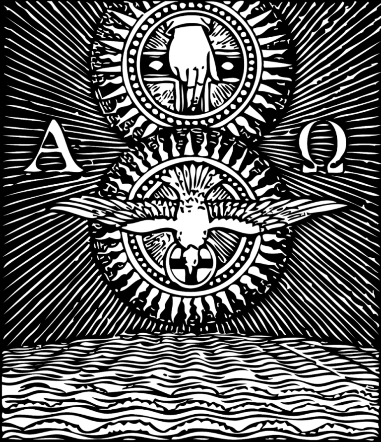 Principium Creationis line art design. Black and white line art featuring the Divine Hand above, with the Spirit in the form of a Dove hovering over waters in the darkness, with light radiating from each.
