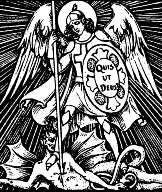 Black and white line art featuring St. Michael the Archangel defeating Satan.